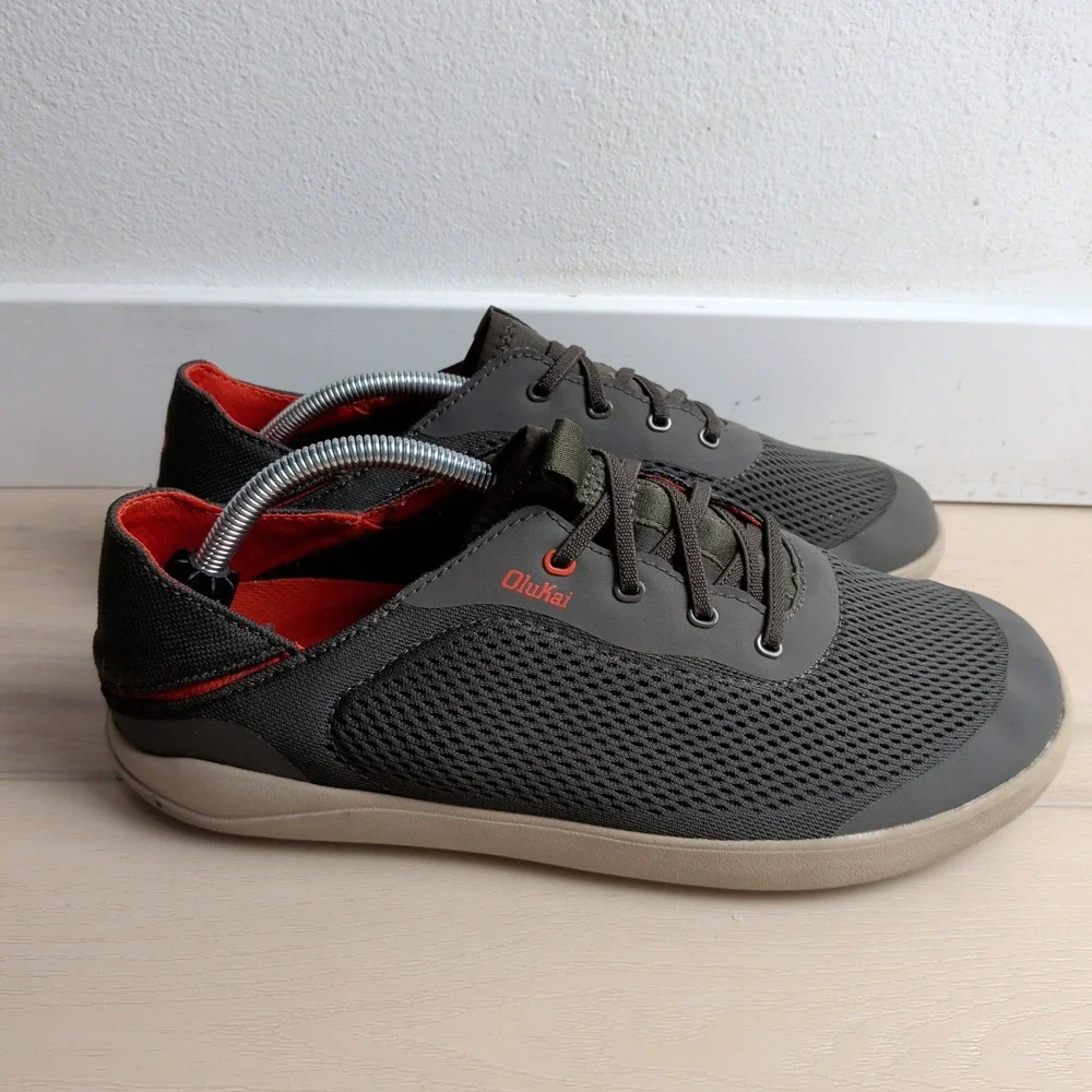 OluKai Moku Pae Mens 11 Boat Shoes Dark Wood Trench Blue Mesh Sneakers
